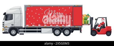 Weihnachtsmann fährt einen roten Gabelstapler, der Geschenkboxen in einen Containerwagen zur Verteilung lädt. Weihnachtskampagne für Frachtlogistik und Versand von Stock Vektor