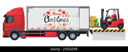 Weihnachtsmann fährt mit einem Gabelstapler und lädt Geschenke an einen Containerwagen an der Lade- und Entladestelle. Konzept für Frachtlogistik und Transport von High Stock Vektor