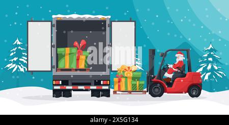 Weihnachtsmann fährt einen Gabelstapler. Geschenke werden in den Containerwagen geladen. Weihnachtsnächtelandschaft. Weihnachtskampagne für Frachtlogistik und Versand von Hi Stock Vektor