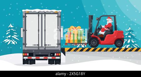 Weihnachtsmann fährt einen Gabelstapler. Verladung von Geschenken auf einen Containerwagen an der Lade- und Entladestelle. Konzept für Frachtlogistik und Transport von High Stock Vektor