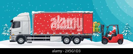 Weihnachtsmann fährt einen Gabelstapler. Geschenke werden in den Containerwagen geladen. Weihnachtslandschaft. Weihnachtskampagne für Frachtlogistik und Versand von High dem Stock Vektor