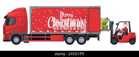 Weihnachtsmann fährt einen roten Gabelstapler, der Geschenkboxen in einen Containerwagen zur Verteilung lädt. Weihnachtskampagne für Frachtlogistik und Versand von Stock Vektor