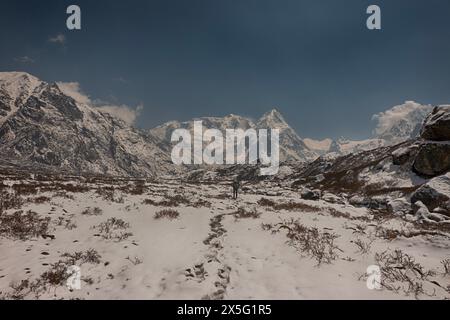 Blick auf die Gipfel Ratong (Rathong), Kabru und Talung auf dem Weg zum südlichen Basislager auf dem Kangchenjunga (Kanchenjunga) Trek, Ramche, Nepal Stockfoto