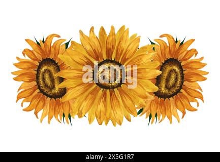 Aquarellfarben Sonnenblumen-Zusammensetzung. Handgezeichnete botanische Illustration mit Blumenanordnung hellgelber Blüten. Sommerblumenzeichnung. Herbst Stockfoto