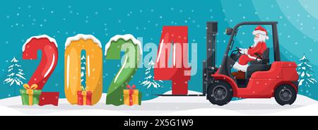 Weihnachtsmann, der Geschenke mit einem Gabelstapler auf einen schneebedeckten Lkw lädt. Weihnachtsnächtelandschaft. Weihnachtskampagne für Frachtlogistik und Versand von h Stock Vektor