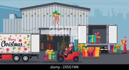 Außenbereich eines Lagerhauses mit weihnachtsbeleuchtung. Der Weihnachtsmann fährt einen Gabelstapler und lädt Geschenkkartons zu einem Containerwagen. Weihnachtskampagne Stock Vektor
