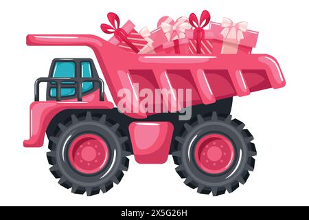 Bergbauwagen mit Geschenkboxen zum Valentinstag. Pinkfarbener Kipper für Überraschungen und Geschenke. Schwere Maschinen, die im Bau- und Bergbau eingesetzt werden Stock Vektor