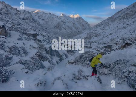 Morgenlicht auf dem Weg zum Aussichtspunkt Okutang, Kangchenjunga (Kanchenjunga) South Base Camp, Ramche, Nepal Stockfoto