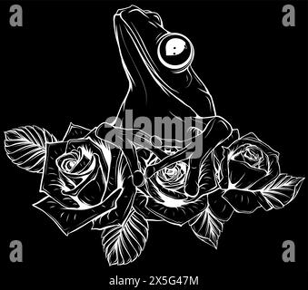 Weiße Silhouette des Frosches auf Rosen mit Blättern Vektor-Illustration Design auf schwarzem Hintergrund Stock Vektor