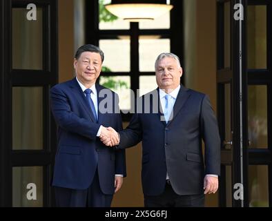 Budapest, Ungarn. Mai 2024. Der chinesische Präsident Xi Jinping führt Gespräche mit dem ungarischen Premierminister Viktor Orban am 9. Mai 2024 in Budapest, Ungarn. Quelle: Xie Huanchi/Xinhua/Alamy Live News Stockfoto