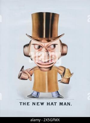 Das Poster „The New hat man“ wurde 1875 von Currier & Ives in New York veröffentlicht; farbige Version des ursprünglichen Schwarzweiß-Kunstwerks. Stockfoto