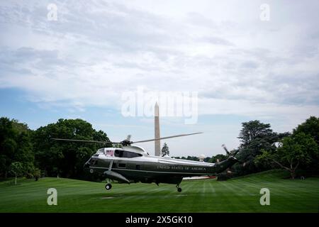 Washington, Usa. Mai 2024. Marine One verlässt den South Lawn auf dem Weg nach San Francisco am Weißen Haus in Washington, DC am Donnerstag, den 9. Mai 2024. Foto: Bonnie Cash/UPI Credit: UPI/Alamy Live News Stockfoto