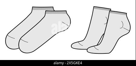 Sneaker Socken langes Set. Mode Strumpfwaren Accessoire Kleidung technische Illustration Strumpf. Vektor-Vorderseite, Seitenansicht für Männer, Frauen-Stil, flache Vorlage CAD-Modell Skizze Umriss auf weißem Hintergrund Stock Vektor