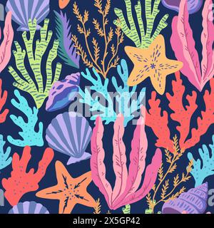 Nahtloses Muster mit farbenfrohen Meereselementen, Korallen, Algen, Muscheln und Meeressternen. Vektorabbildung. Stock Vektor
