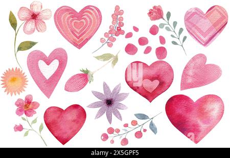 Aquarellset, Rosa, Valentinstag, Herzen, Aquarellillustrationen, rot, Einladung zur Feier, Dekoration, Muttertag, Blumen Stockfoto