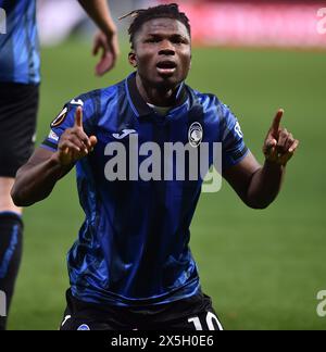 Bergamo, Italien. Mai 2024. El Bilal Toure von Atalanta feiert sein Tor im Halbfinale der UEFA Europa League am 9. Mai 2024 zwischen Atalanta und Olympique de Marseille in Bergamo, Italien. Quelle: Str/Xinhua/Alamy Live News Stockfoto