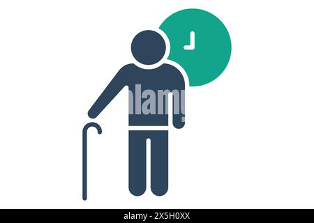 Lifetime-Symbol. Menschen mit Uhr. Symbol für ältere Menschen. Symbolstil durchgehend. Abbildung des Alterselements Stock Vektor