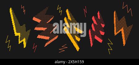 Bitmap-texturierter Lightning-Bolt-Satz. Gewitterbolzen-Sammlung im Halbton. Orangefarbene, rote, gelbe Striche oder Pfeilelemente für Banner, Poster, Faltblatt. Gepixeltes 3D-Rastereffekt-Paket. Vektorpaket Stock Vektor