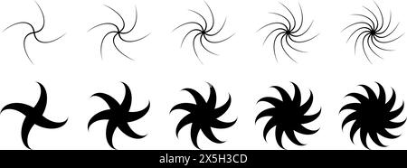 Anderes Set aus Dreh- oder Drallelementen. Schwarze Kollektion mit drehbarem und drehbarem Effekt. Kreisförmige, radial drehbare Wirbelwind-Symbole sorgen für ein grafisches Design. Tornado- oder Whirlpool-Rotationspaket. Vektor Stock Vektor