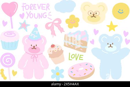 Happy Birthday Illustration mit Teddybär, Partyhut, Cupcake, Kuchen, Süßigkeiten, Donut, rosafarbenes Band, Stern für Geburtstagskarte, Party, Café, Restaurant Stock Vektor