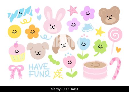 Illustration von Teddybär, Hase, Welpe, Blumen, Kuchen, Cupcake, Süßigkeiten, Lutscher, rosa Band, Stern, ICH HABE LUSTIGE Briefe für Tiere, Haustier, Tierarzt, Tierhandlung Stock Vektor