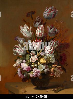 Niederlande / Holland: Stillleben mit Blumen. Öl auf Tafelgemälde von Hans Bollongier (Fl. 1623-1672), 1639, mit der Tulpe „Semper Augustus“, Sternblüte des Phänomens „Tulipomania“. Tulpenmanie oder Tulipomania (niederländische Namen sind: Tulpenmanie, Tulpomanie, Tulpenwoede, Tulpengekte und bollengekte) war eine Periode im niederländischen Goldenen Zeitalter, in der die Vertragspreise für Zwiebeln der kürzlich eingeführten Tulpe außergewöhnlich hoch erreichten und dann plötzlich zusammenbrachen. Stockfoto