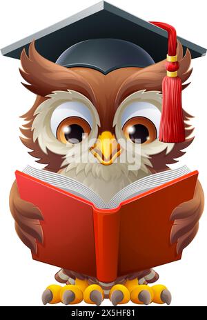 Karikatur Mit Weiser Eule, Alter Lehrer, Lesebuch Stock Vektor