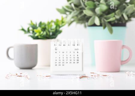 Kalender und Pins mit pastellfarbenen Bechern und Pflanze in Töpfen auf weißem Hintergrund Stockfoto