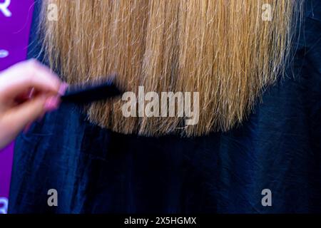 Ein Friseur glättet die langen Haare eines blonden Mädchens und schneidet die Enden ab Stockfoto