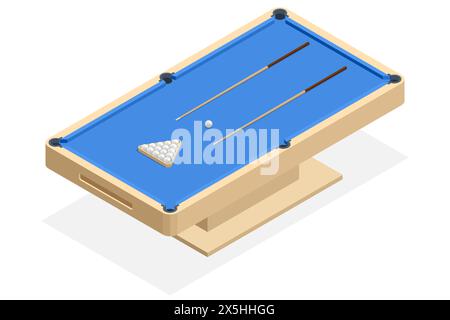 Isometrische Billardtabelle auf weißem Hintergrund isoliert. Billardtisch mit grüner Oberfläche und Bällen im Billardclub. Poolspiel. Snooker-Billard Stock Vektor