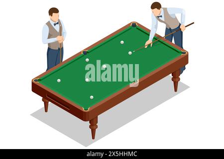 Isometrische Billardtabelle auf weißem Hintergrund isoliert. Billardtisch mit grüner Oberfläche und Bällen im Billardclub. Poolspiel. Snooker-Billard Stock Vektor