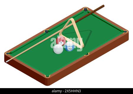 Isometrische Billardtabelle auf weißem Hintergrund isoliert. Billardtisch mit grüner Oberfläche und Bällen im Billardclub. Poolspiel. Snooker-Billard Stock Vektor