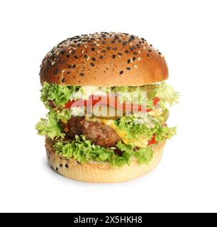 Burger mit leckerem Patty isoliert auf weiß Stockfoto