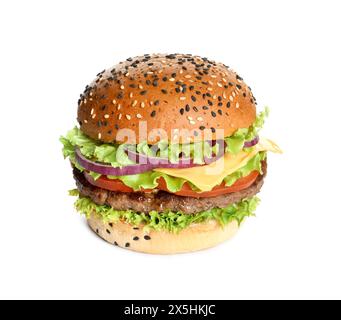 Burger mit leckerem Patty isoliert auf weiß Stockfoto