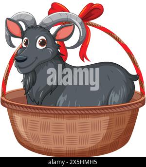 Süße schwarze Ziege, die in einem gewebten Korb sitzt Stock Vektor