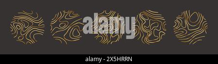 Kreisförmige Holzringe oder topografische Kartenlinien Texturset. Sammlung der topographischen abstrakten Linien des Holzbaums Stock Vektor