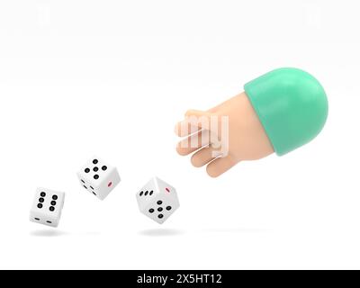 Der Mann wirft Würfel. Vorlage für Glücksspiele. Würfelwürfel werfen. Rote Würfel auf dem Tisch. Mann eifriger Mensch. Spielerkonzept. Wiedergabe in Hand.3D-Rendering auf weiß Stockfoto