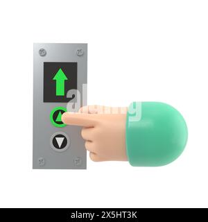 Geschäftsmann drückt den Lift-Knopf. Flache 3D-Illustration. Rufen Sie den Fahrstuhl an. Pfeil nach oben. Steigen Sie in die oberste Etage. Finger auf die Schaltfläche.3D-Rendering ein Stockfoto