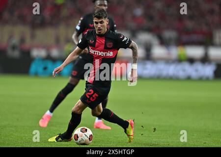 Exequiel Palacios (Bayer 04 Leverkusen) beim Spiel der UEFA Europa League zwischen Bayer Leverkusen 2-2 Roma im BayArena Stadion am 09. Mai 2024 in Leverkusen. Quelle: Maurizio Borsari/AFLO/Alamy Live News Stockfoto