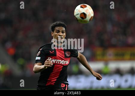 Leverkusen, Deutschland. Mai 2024. Fußball: Europa League, Bayer Leverkusen - AS Roma, K.-o.-Runde, Halbfinale, zweites Leg, in der BayArena. Leverkusens Amine Adli spielt den Ball. Quelle: Federico Gambarini/dpa/Alamy Live News Stockfoto