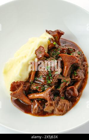 Gedünstetes Fleisch mit Pilzen und Beilage auf einem Teller Stockfoto