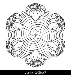 Mandala Spirals Malbuch Seite für KDP Book Interior. Friedliche Blütenblätter, Fähigkeit zum Entspannen, Gehirnerlebnisse, harmonischer Hafen, friedliche Porträts, Stock Vektor