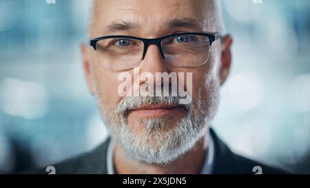 Porträt eines erfolgreichen mittelalten bärtigen Mannes, der die Kamera ansieht und lächelt. Gutaussehender Geschäftsmann, Der Jacke Trägt Und Spaß Hat. Nahaufnahme Stockfoto