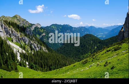 Blick auf die große Klammspitze und das Tal der Ammer. Naturpark Ammergauer Alpen in den nördlichen Kalkalpen Oberbayerns. Stockfoto