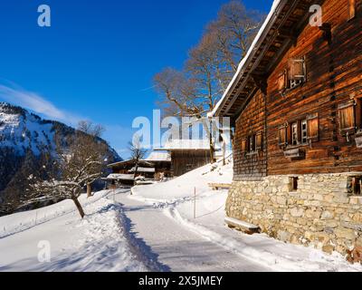 Dorf Gerstruben eine denkmalgeschützte Sammlung alter Bauernhäuser aus dem 15. Und 16. Jahrhundert. Die Allgauer Alpen bei Oberstdorf im Winter in Bayern. (Nur Für Redaktionelle Zwecke) Stockfoto