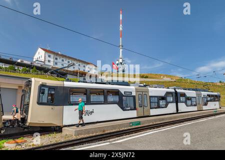 Zahnradbahn am Bahnhof Rigi-Kulm, Vierwaldstättersee, Kanton Luzern, Schweiz, Europa Copyright: Markusxlange 1160-5379 Stockfoto