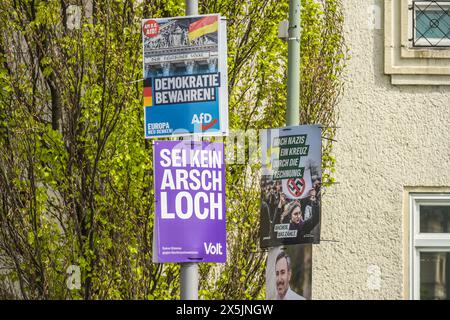 Volt, AfD, die Grünen, Wahlplakate zur Europawahl 2024, Berlin, Deutschland Stockfoto