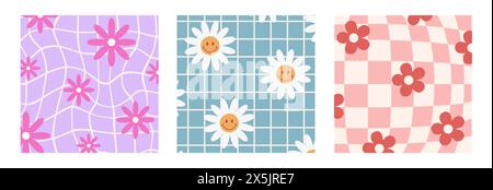 Psychedelisches Schachbrett. Grooviger Hippie 70er Jahre Hintergrund gesetzt. Trippige Muster mit Gänseblümchen. Retro-Blumenmuster. Verzerrte Vektordarstellung in Stock Vektor