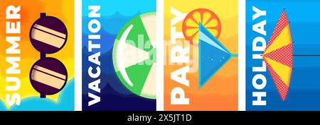 Abstraktes Retro-Poster mit minimalen Sommerreisen. Vintage-Print am Strand mit Sonnenbrille und Glas. Sommer Touristen Urlaub Party Hintergrund Grafik Design. Trendiges, minimalistisches Plakat Stock Vektor