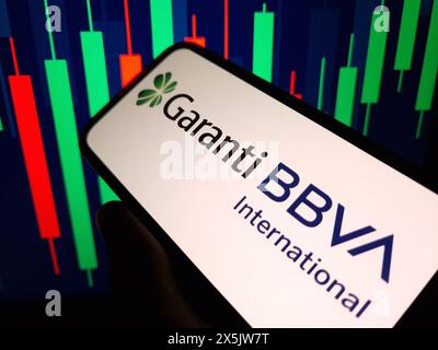 Konskie, Polen – 05. Mai 2024: Logo des GarantiBank-Unternehmens auf dem Mobiltelefon Stockfoto